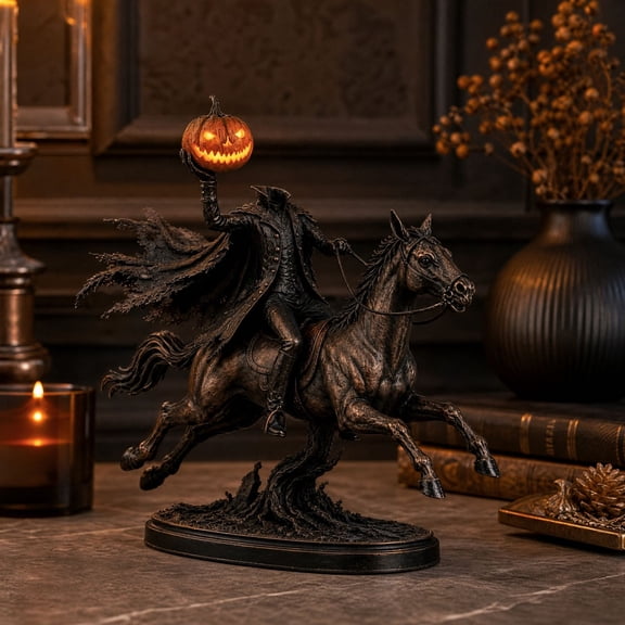 Gothic Headless Knight Statue with Light Up Pumpkin Resin Halloween Decor Figurine for Mantel Shelf Tabletop Ghost House Display Gift