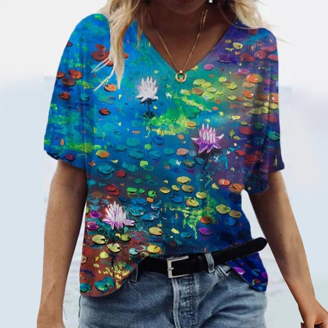 Hauts à Manches Courtes Imprimés Col en V pour Femmes Grande Taille T-Shirt Blouse