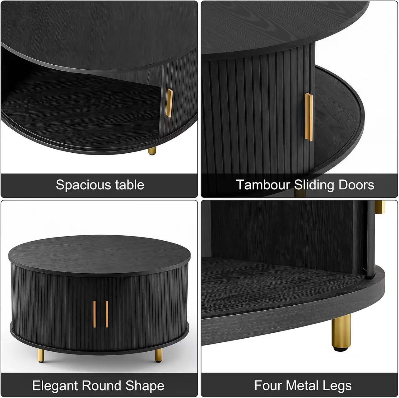 AISWORD Round Coffee Table with 360° Sliding Door, Fluted Accent Coffee Table with Storage Adjustable Footpads for Living Room, Black