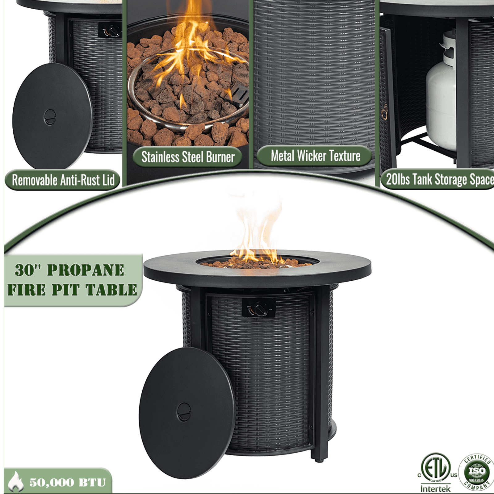 HONEY HOME 32" Round Propane Fire Pit Table, 50,000 BTU Steel Gas Fire Pit for Outdoor, Fire Table with Lid for Patio Deck Garden Backyard, Black.