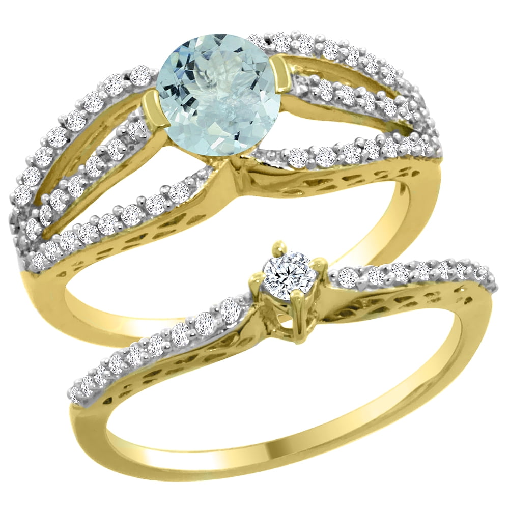 14K Yellow Gold Natural Aquamarine 2-piece Engagement Ring Set Round 5mm, size 5 by Gabriella Gold