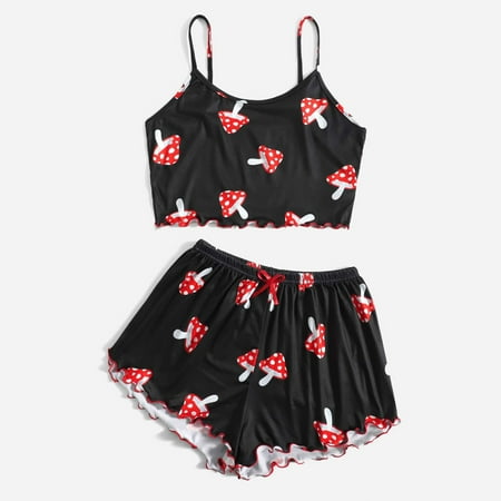 

TMOYZQ Women s Sexy Two Piece Silk Satin Pajamas Sets Crimping Hem Printing Camisole V Neck Lingerie Tops and High Elastic Waist Shorts Outfits Nightwear Bralette and Panty Sleepwear Underwear Set