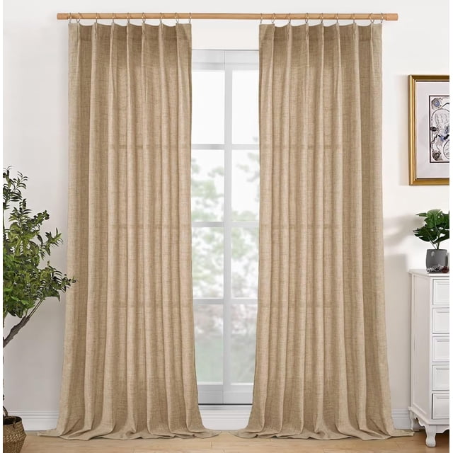 Pinch Pleated Linen Curtains 90 Inch Long Light Filtering Privacy Window Curtains with Hooks for Living Room Bedroom Track System, Taupe, 40W X 90L, 2 Panels