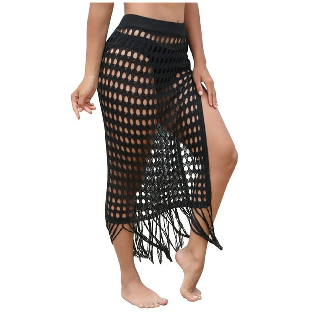 Women's Solid Summer Beach Cover Up With Mesh Tassel Hollowed Out Beach Swimsuit Cover Up