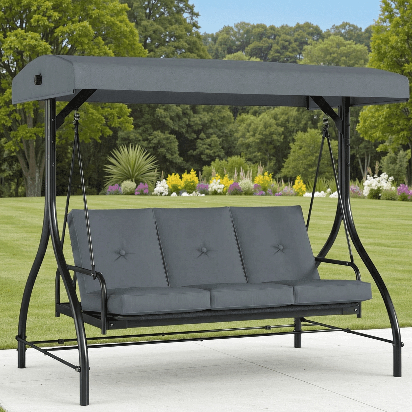 Arlopu 3-Seat Porch Swing, Outdoor Patio Swing Chair with Adjustable Canopy & Removable Cushions, Swing Glider for Garden Poolside Backyard, Gray