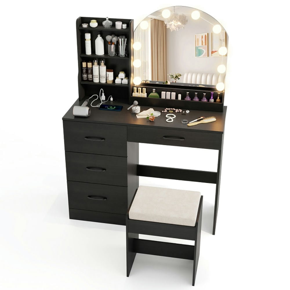 FUFU&GAGA Black Vanity Table With Lighted Mirror & Stool - Makeup Dressing Desk With 5 Drawers And Shelves