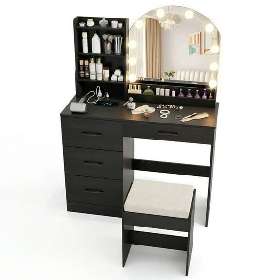 Resenkos Table & Chair Vanity Set, Vanity Set,Makeup Vanity Desk Dressing Table and Stool Set with Mirror and Lights-Black