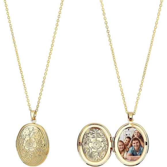 2Pcs Real 18K Gold Plated Floating Locket Pendants Photo Frame Charms Metal Oval Pendants Golden Charm Memory Photo Pendant for DIY Memorial Necklace Jewelry Craft