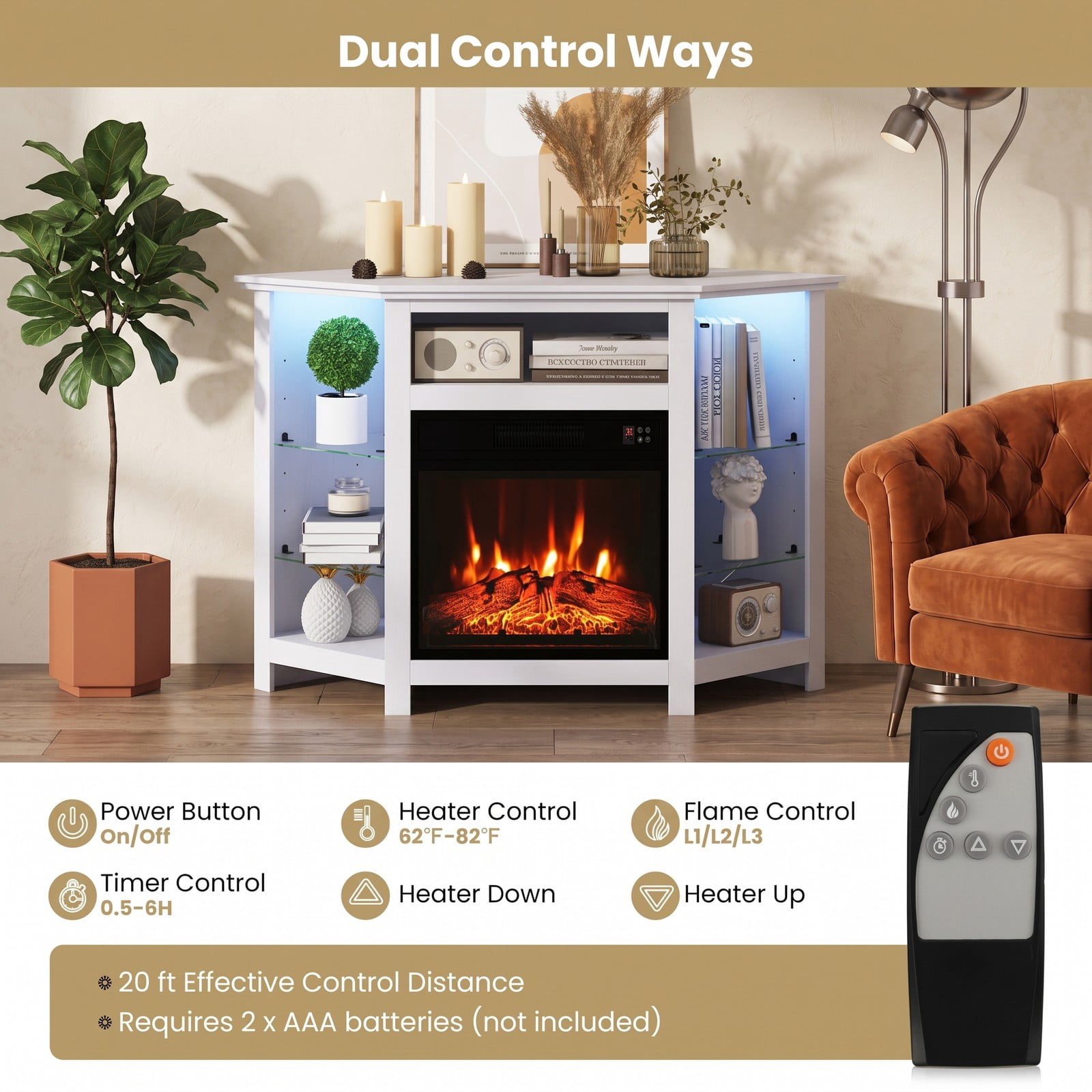 Furnibear Corner Fireplace TV Stand with LED Lights and Smart APP Control for TVs up to 50 Inches, Electric Media Console with Glass Shelves and Adjustable Flame, White