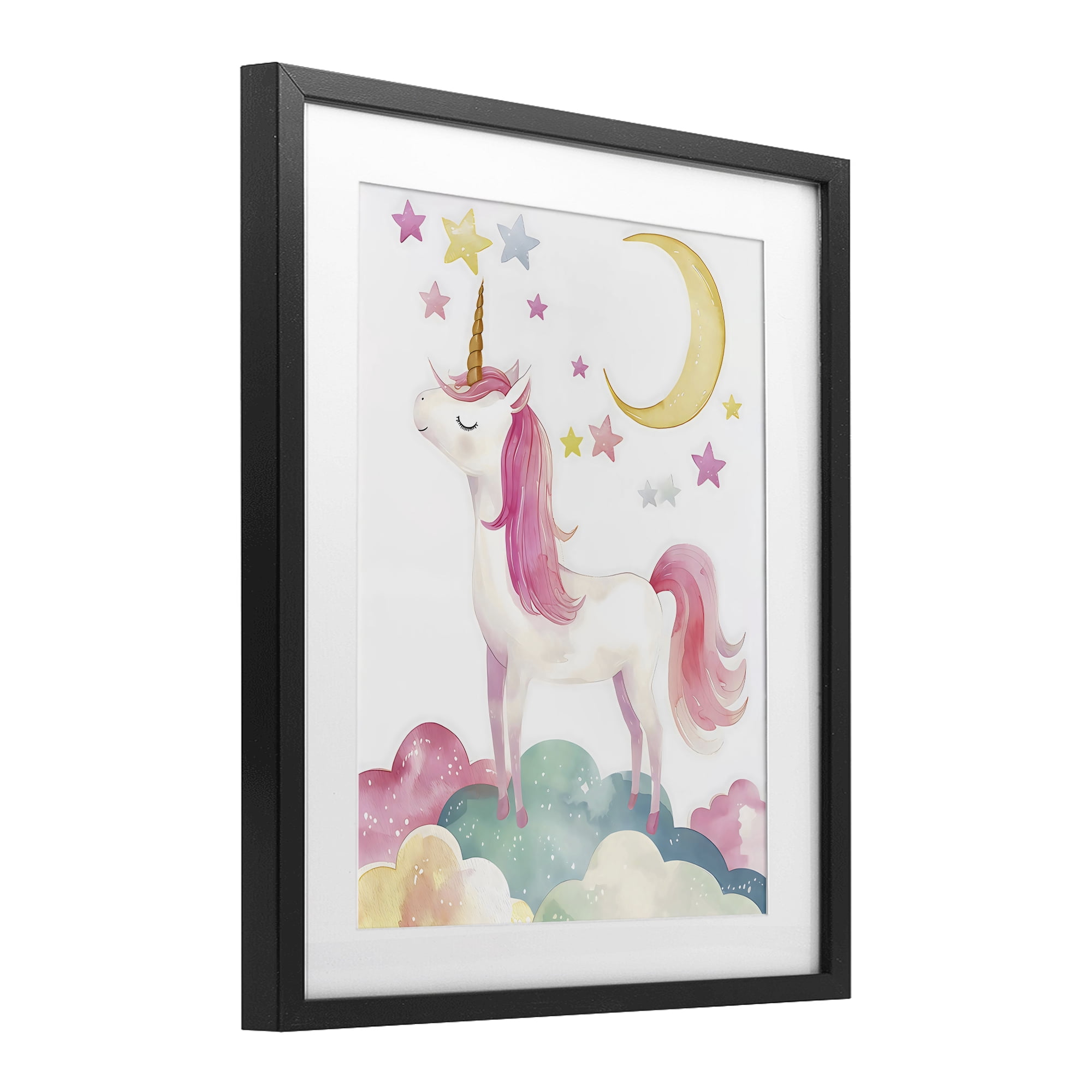 Stupell Industries Unicorn Standing On Clouds Black Framed Print Under Glass, design by Creative Studio