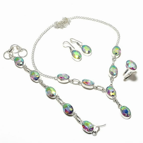 Natural Mystic Rainbow Topaz Gemstone 925 Sterling Silver Jewelry Set