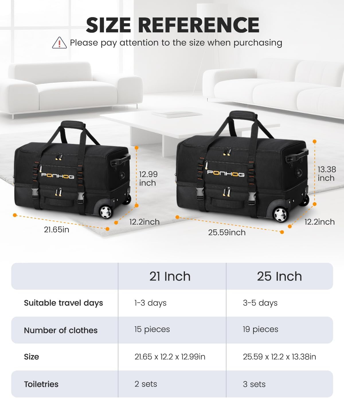 Rolling Duffle Bag with Wheels, 21 Inch Small Travel Duffel Bag with Shoe Compartment, Rolling Wheeled Luggage for Men Women Weekender Overnight Trip, Black
