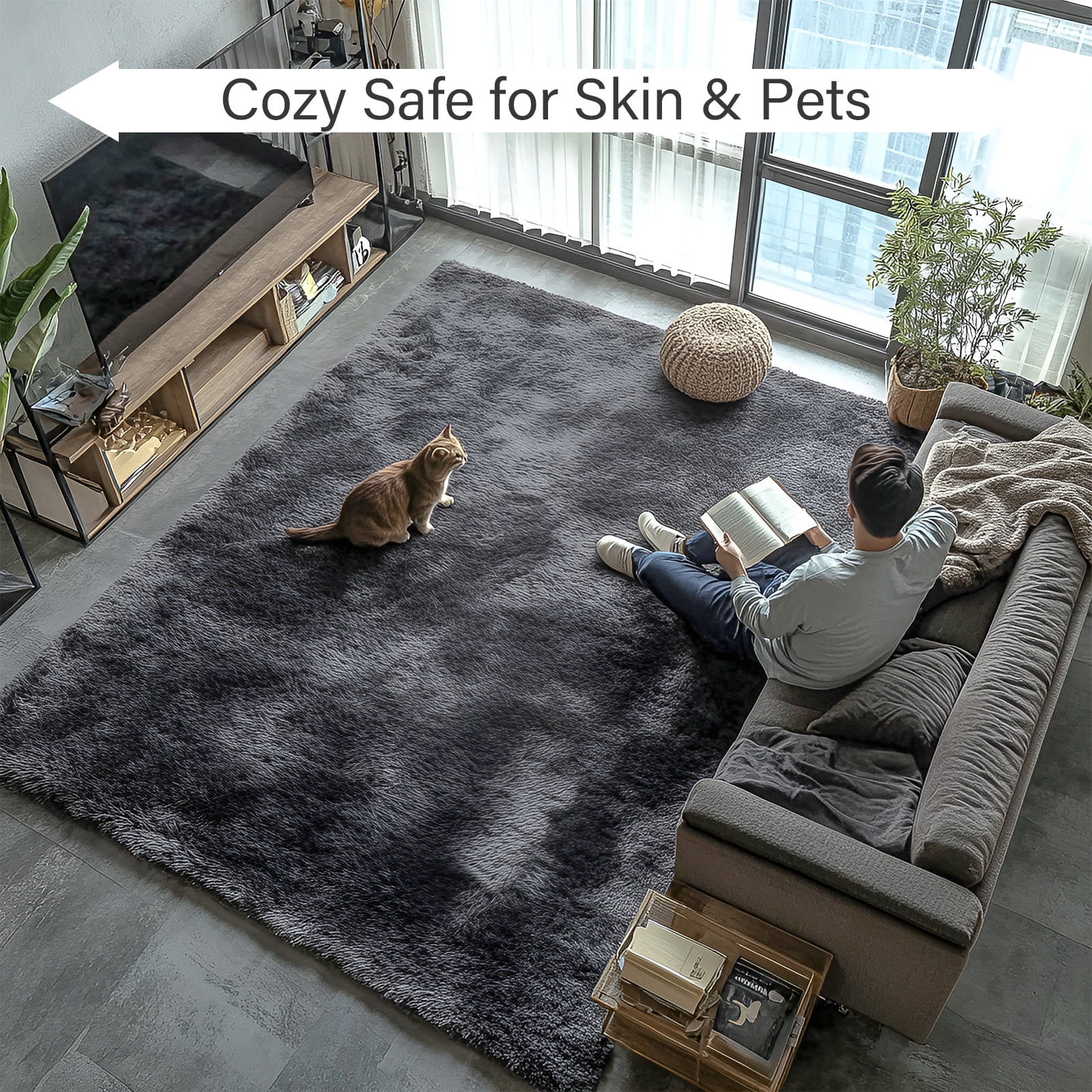 Pentantan Shag Area Rugs, 8ft x 10ft Soft Fluffy Indoor Carpet for Living Room Bedroom Decor, Dark Gray