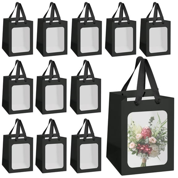 12 pcs 5.9" x 3.9" x 7.9" black window gift wrap bags, shopping bags, bulk, retail packaging bags for business, craft grocery, boutique, party favors, wedding, gift holiday packaging bags.