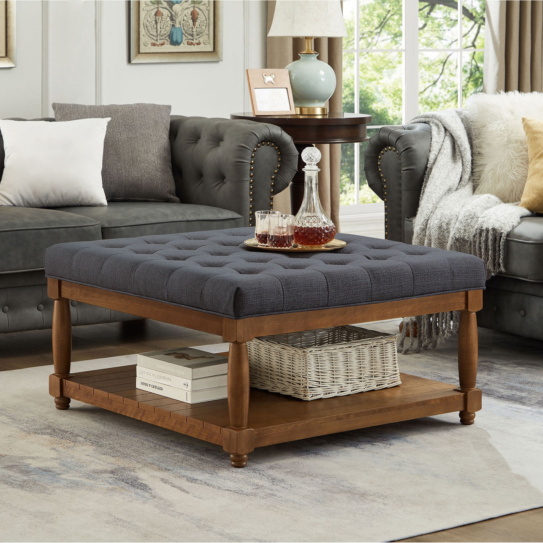 S-HOME Large Square Upholstered Tufted Linen Ottoman, Spacious Coffee Table with Solid Wood Shelf，Charcoal