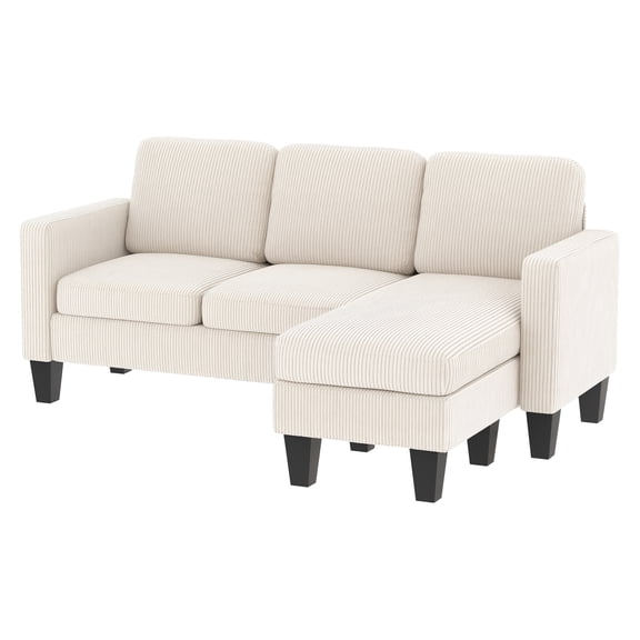 Cream White Sectional Sofa L Shaped Couch with Reversible Chaise Ottoman Corduroy Sofa