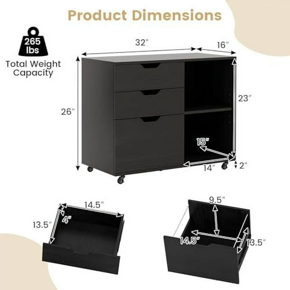 3-Drawer File Cabinet, Rolling Lateral Filing Cabinet with Open Storage Shelves, Under Desk Storage Organizer Fits Legal/A4/Letter Size Files, Wood Mobile Printer Stand for Home Office (Black)