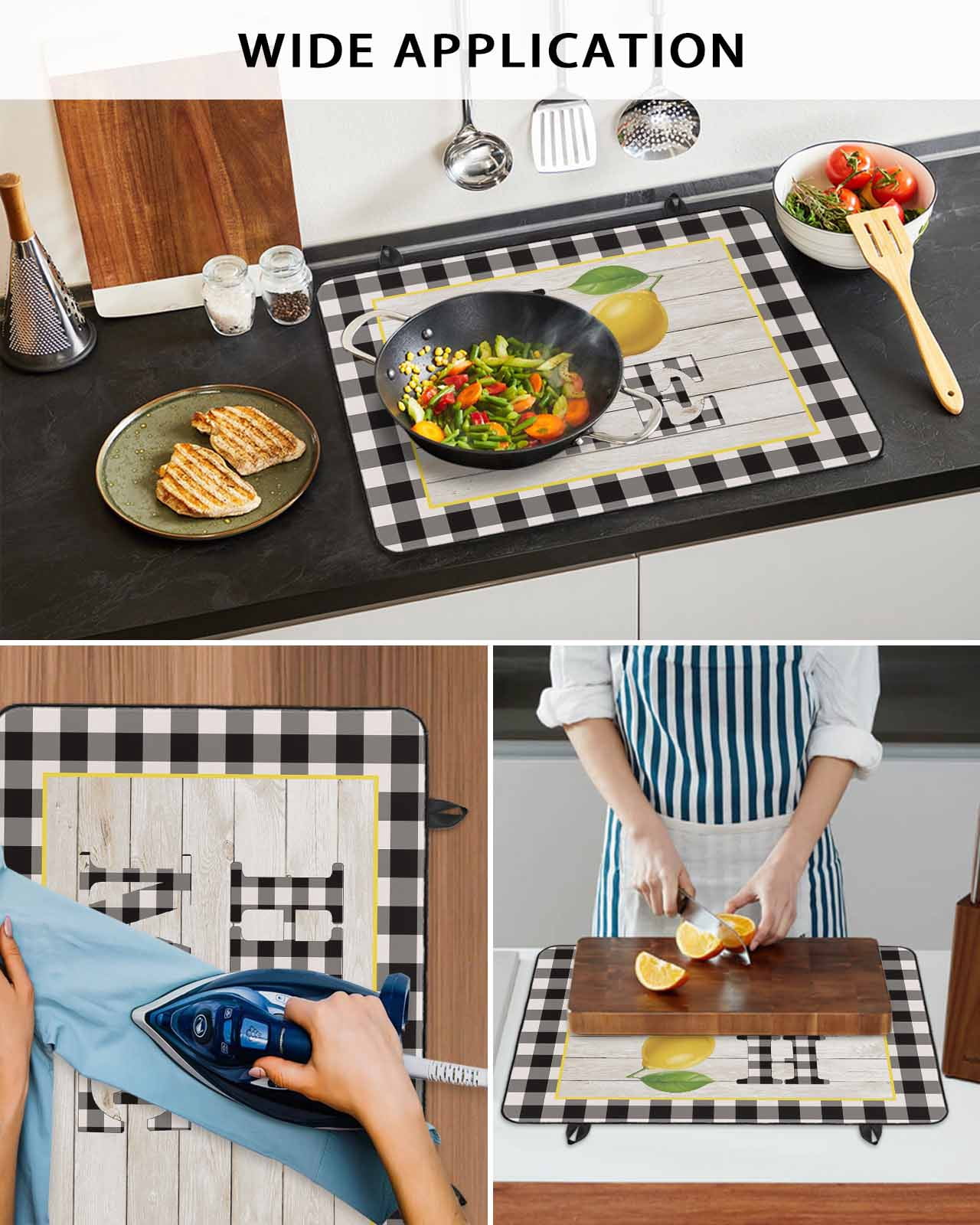 Large Induction Cooktop Protector Mat Lemon Stove Top Covers for Electric Stove, Summer Botanical Black White Plaid Pastoral Wooden Decorative Stove Burner Cover Mats, Glass Top Stove Cover