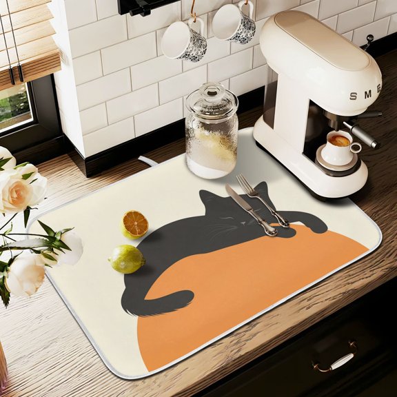 Yayeee Dish Drying Mat for Kitchen Counter 16" x 18" Microfiber Super Absorbent Coffee Decorative Pad, Sleeping Black Cat