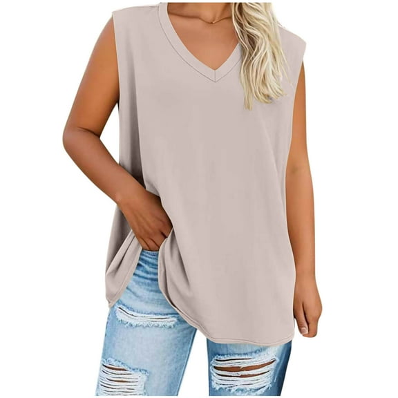 Fnooota Women's Plus-size Tank Tops, Casual Sleeveless Loose Fit Summer Tops V-Neck Tops Khaki Size L-5XL
