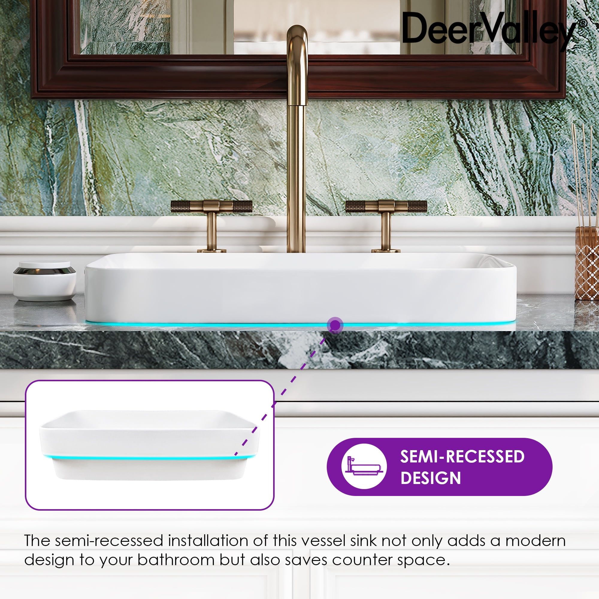 DV-1V0047 DeerValley Ally 19'' x 12'' Drop-In Bathroom Sink Semi-Recessed Vessel Sink Rectangular Above Counter Basin