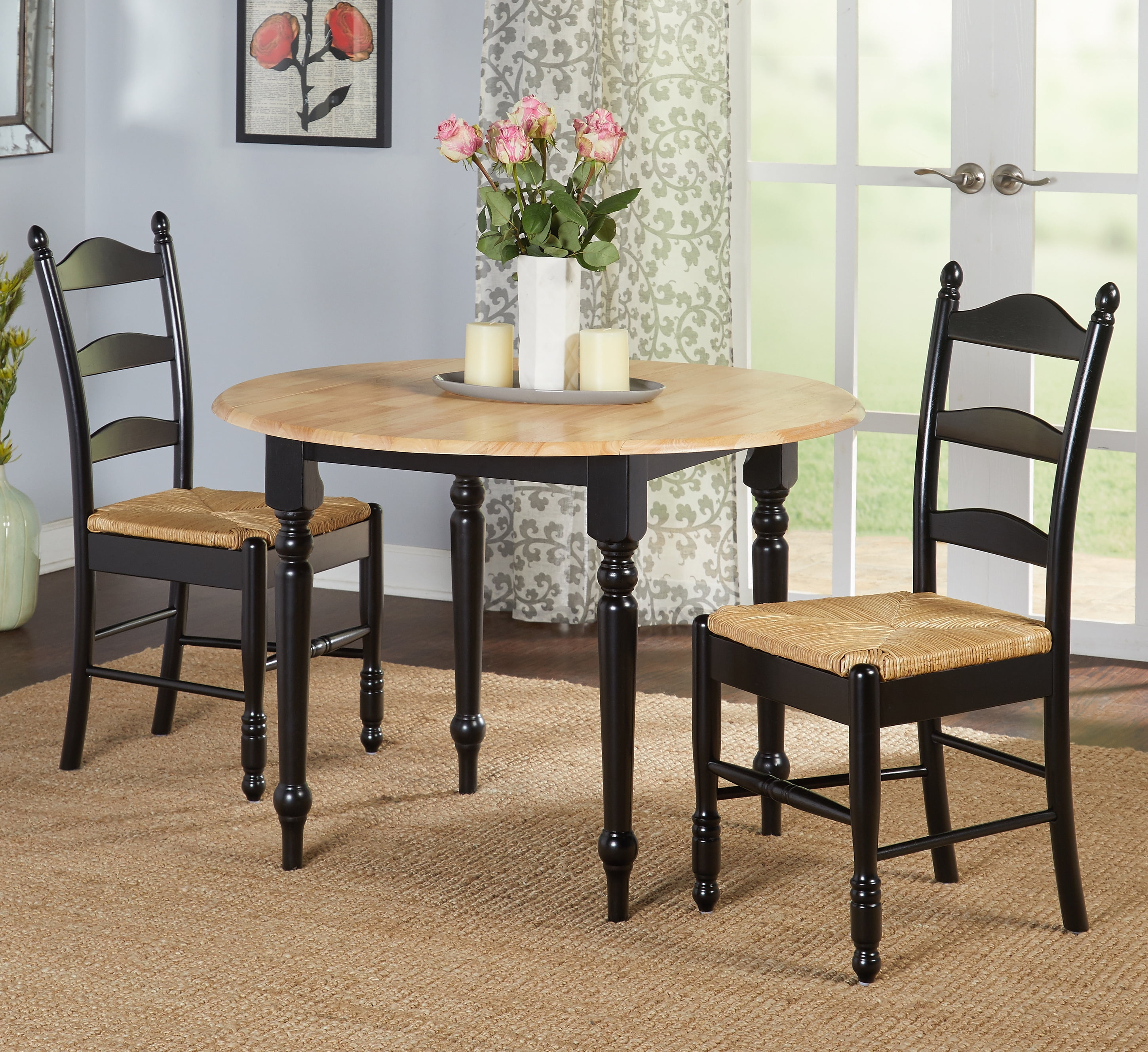 TMS Indoor Ladder Back Dining Chair with Rush Seat, Set of 2, Black