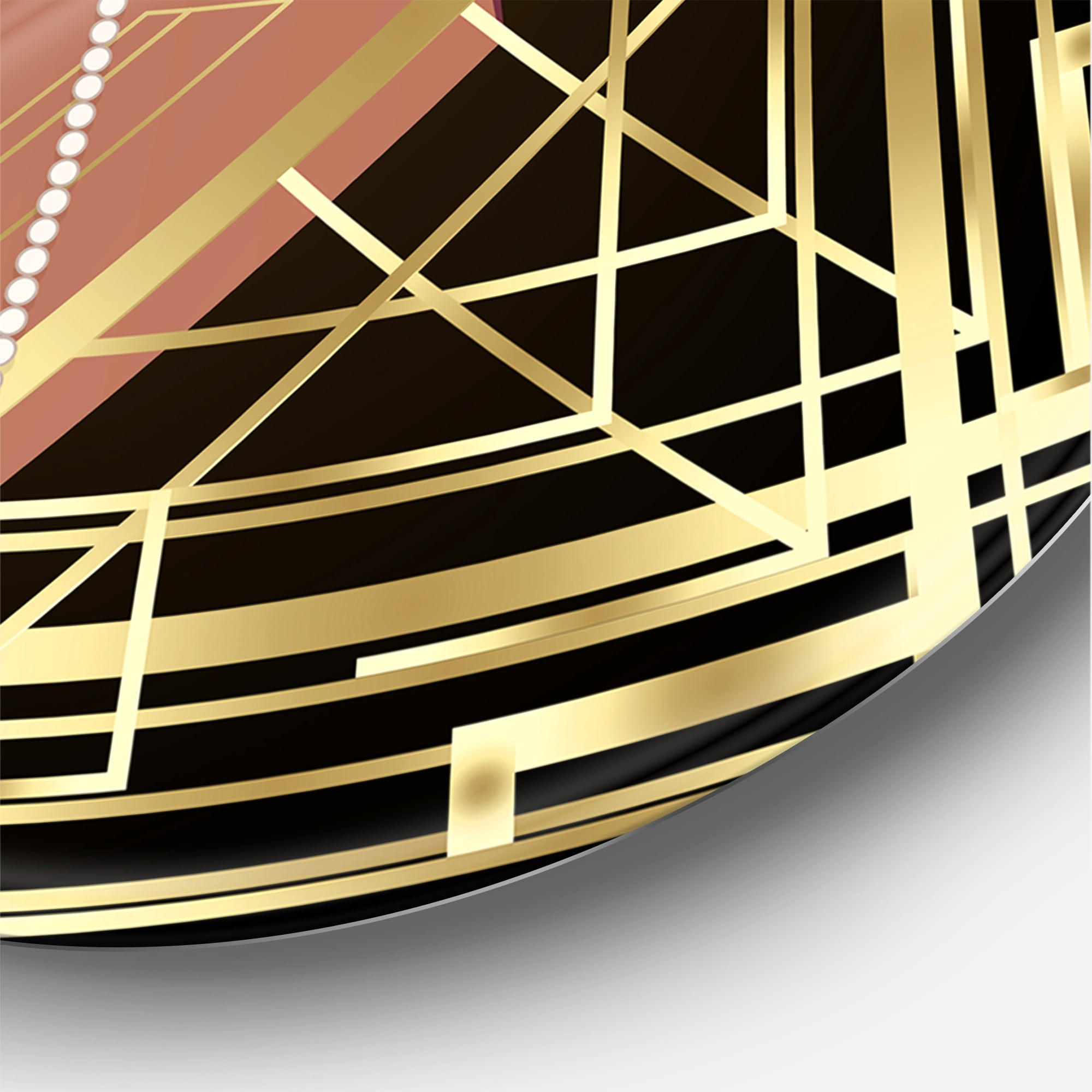 Designart 'Retro Girl In Golden Art Deco Geometrics III' Modern Circle Metal Wall Art 23x23 - Disc of 23