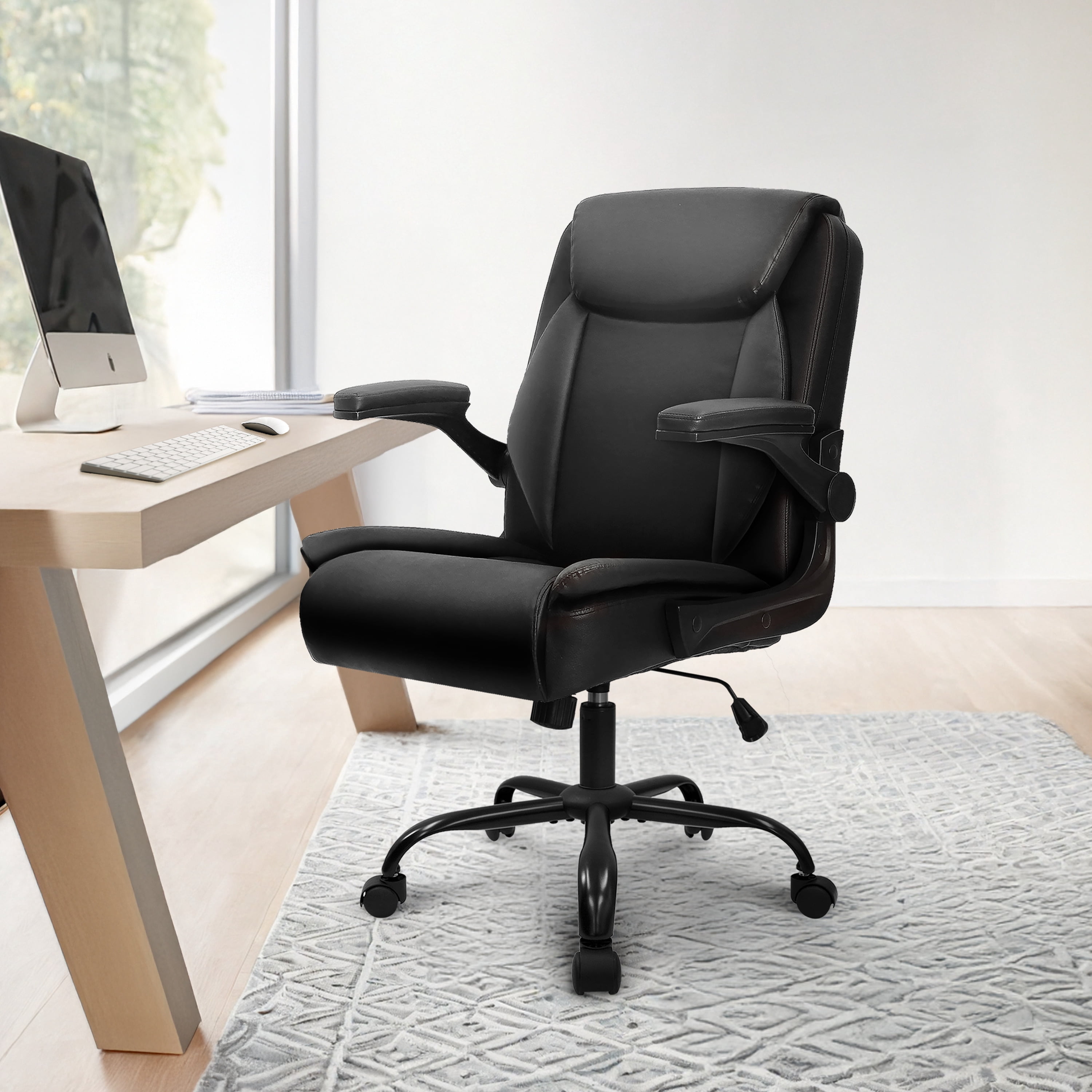 NEO CHAIR Desk Office Gaming Computer Chair Ergonomic Executive Mid-Back Leather with Adjustable Padded Flip-Up Armrests Cushion Wheels Swivel for Home Study Task (All Black)