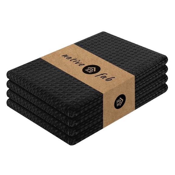 Native Fab Waffle Kitchen Towels 16x26 - Absorbent Cotton Dishcloths for Cleaning Set of 4 - Black