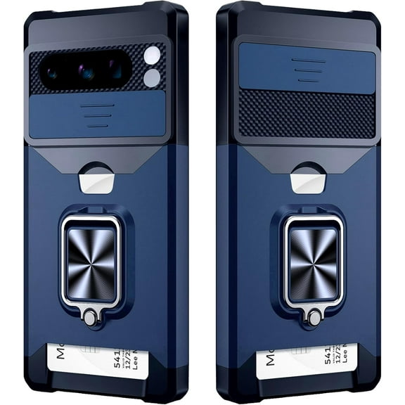 𝟐𝟎𝟐𝟒 𝗡𝗘𝗪 Google Pixel 8 Pro Case with Card Holder and Slide Camera Cover - Wireless Charging Compatible Pixel 8 Pro Wallet Case with Magnetic Kickstand (Blue)