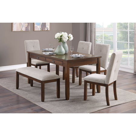 Dining Set 60-Inch Rectangular Wood Table with 4 Storage Drawers 4 Chenille Upholstered Side Chairs and Bench Dark Cherry Finish Moonstone Fabric for Dining Room and Kitchen