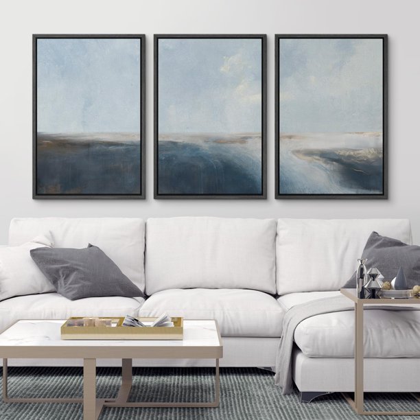 IDEA4WALL Framed Canvas Print Wall Art Set of 3 Blue and Navy