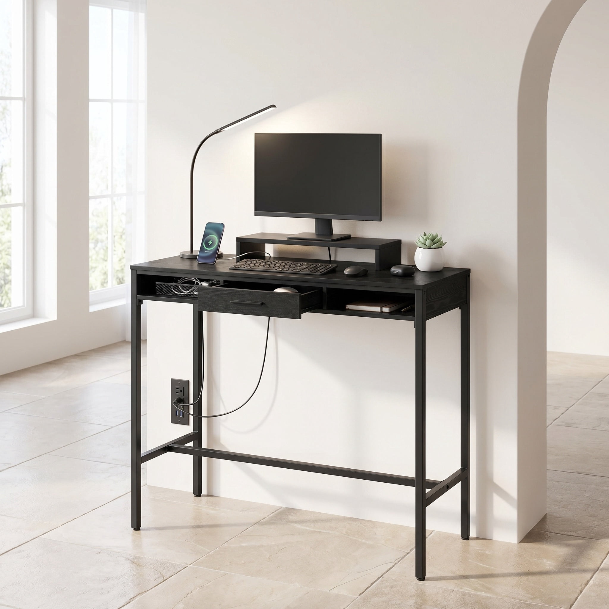 Nordic Hygge Bar Height Pub Table with Storage and Built-In Power Strip, Fabric Drawer, and Side Hooks