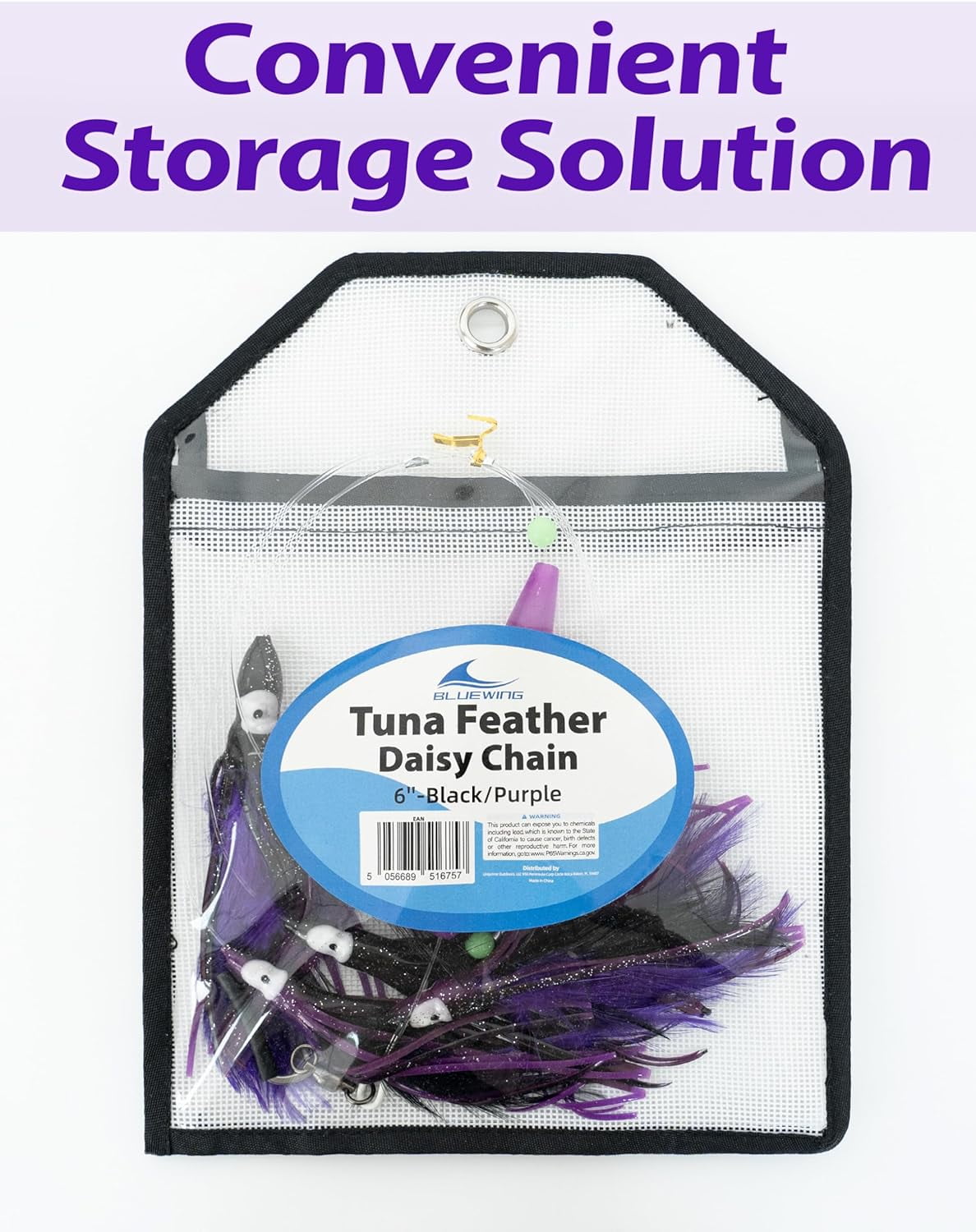 BLUEWING Tuna Feather Daisy Chain Squid Chain Fishing Teaser Lure with 4in Feathered Trolling Squids and Stainless Steel Trolling Hook Big Game Trolling Lure for Tuna Mahi Wahoo Marlin, Black/Purple