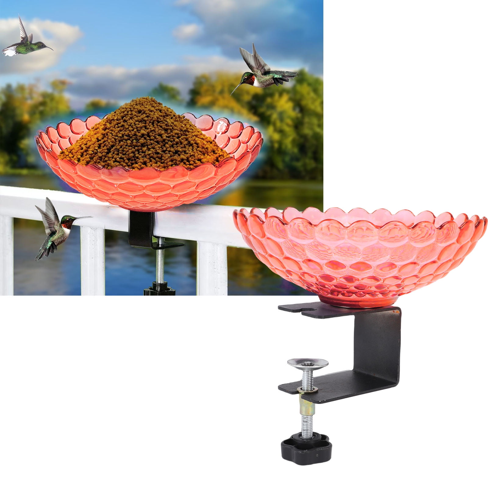 YAHHU Red Deck Mounted Bird Bath Plastic Detachable Outdoor Bird Feeder Water Bowl Adjustable Clamp for Balcony Garden Fence 6.9x5.12 inches / 17.5x13 cm