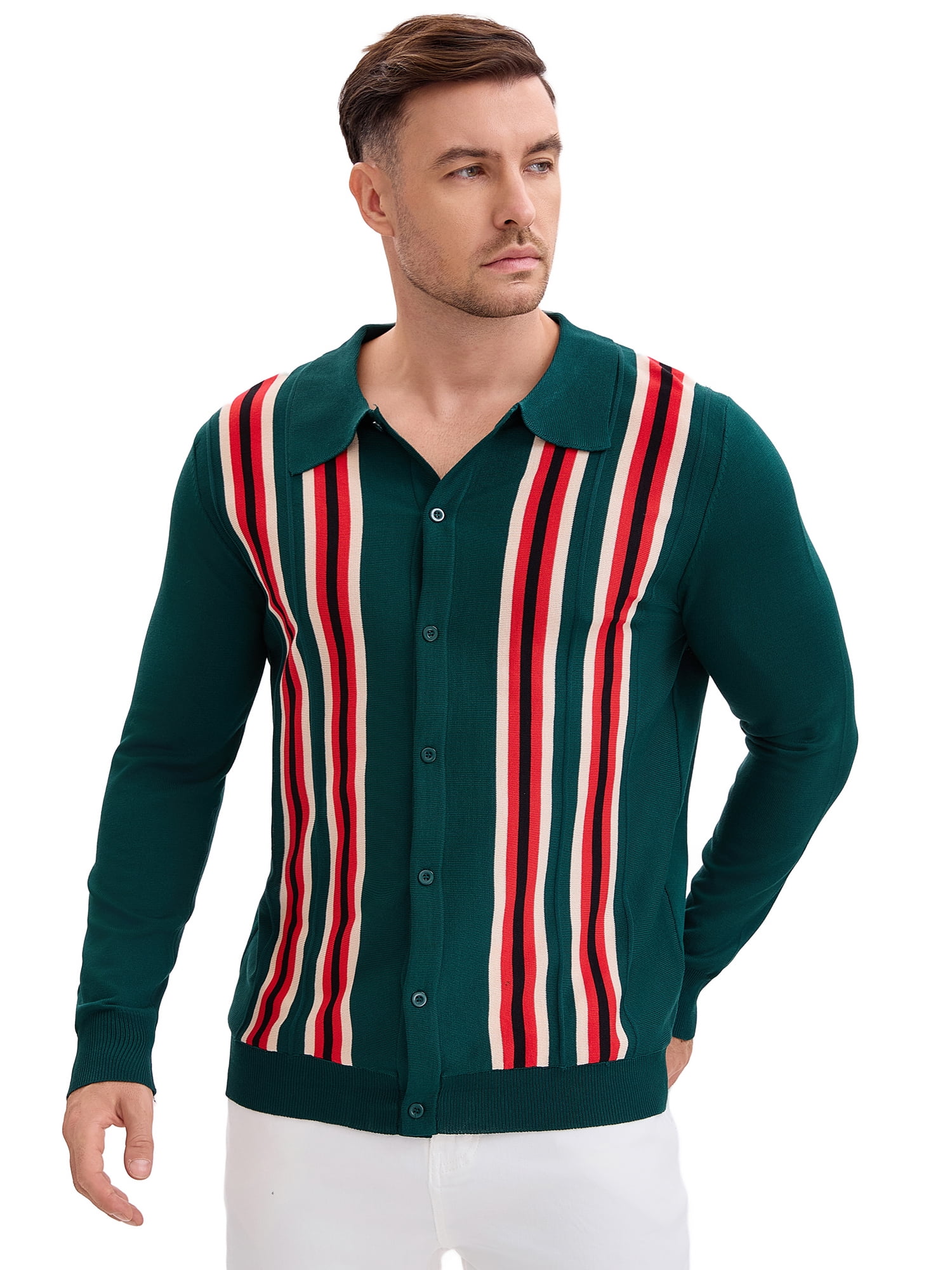 DARING DIVA Men's Long Sleeves Button Down Printing Knitted Polo Shirts M Green