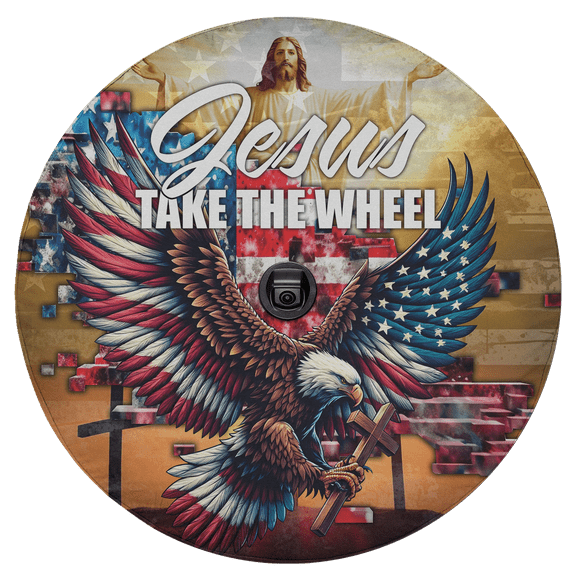 Lotusprinthandmade Jesus and Eagle with Cross Spare Tire Cover With Backup Camera Hole 6 Sizes