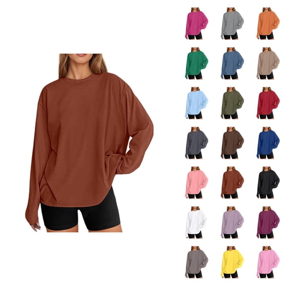 Oversized Long Sleeve Shirts for Women Spring Fall Casual Plain Basic Loose Fit Crewneck Shirt Blouse