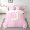 thumbnail image 2 of Feelyou Fashion Pink Stripes Bedding Comforter Set 7pcs for Teen, Initial J Letter King Bedding Sets, Cute Princess Cartoon Reversible Bed Sheets, Lightweight Room Decor, 2 of 8