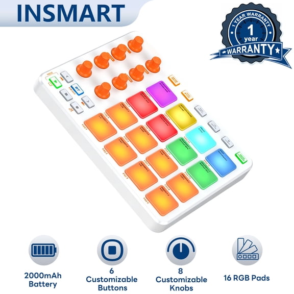 INSMART MIDI Pad Beat Maker Machine Professional,Features 16 Backlit Beat Pads,8 Assignable Knobs,USB-Rechargeable, Suitable for Music Production