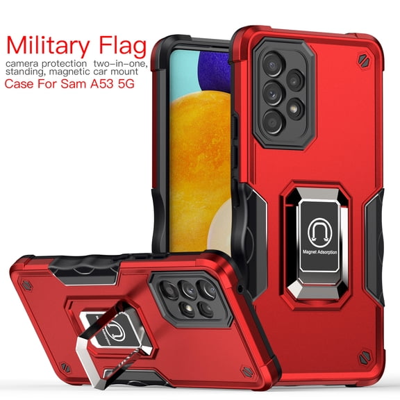 for Samsung Galaxy A53 5G Case, [Tempered Glass Screen Protector] Ring Holder Stand Anti-Slip Drop Proof Military-Grade Rugged Hybrid Heavy Duty Cover Phone Case for Galaxy A53, Red