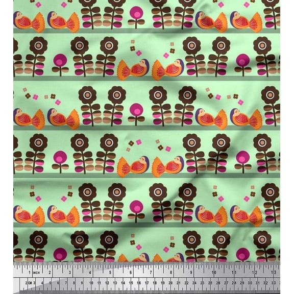Soimoi Georgette Viscose Fabric Stripe,Bird & Floral Clip Art Printed Fabric 1 Yard 42 Inch Wide