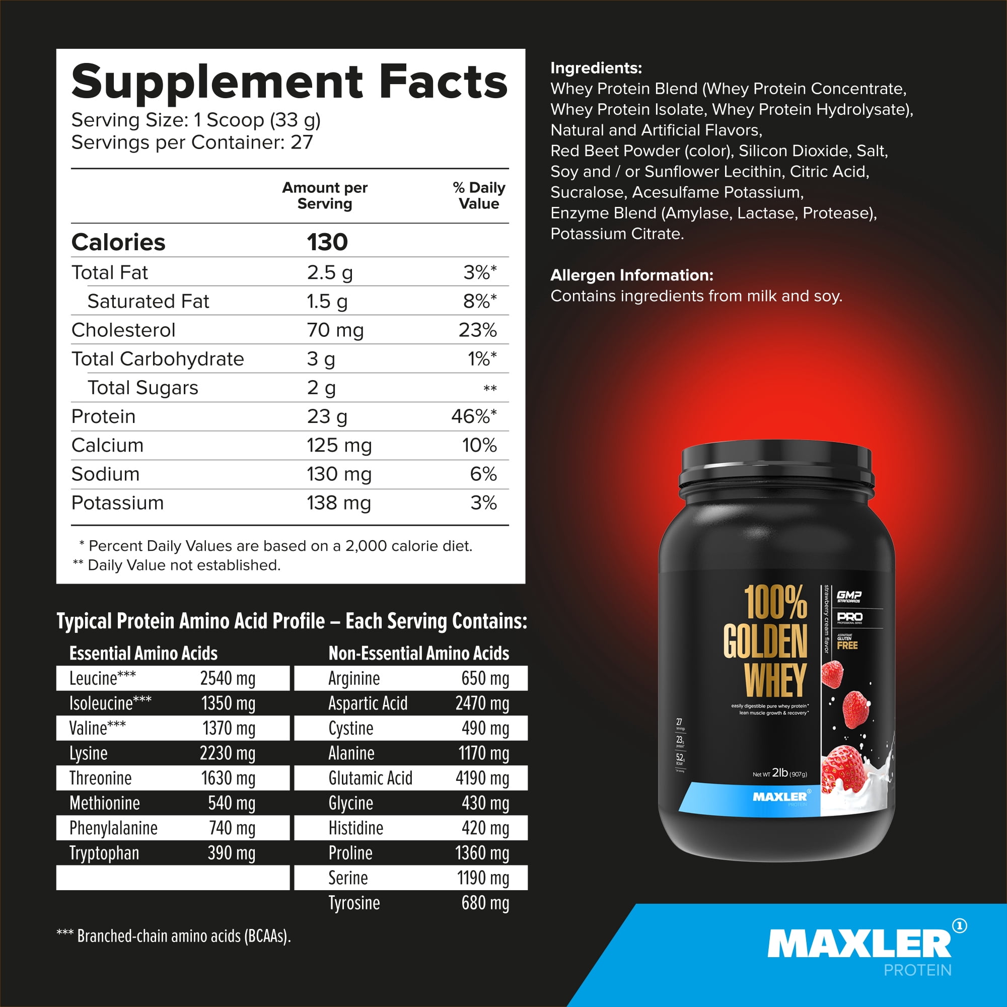 Maxler 100% Golden Whey Protein Powder - Strawberry Cream 2 lb
