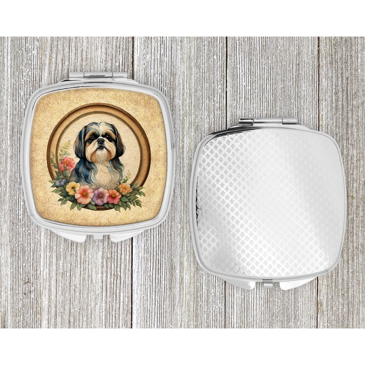 Shih Tzu and Flowers Compact Mirror 2.75 in x 3 in