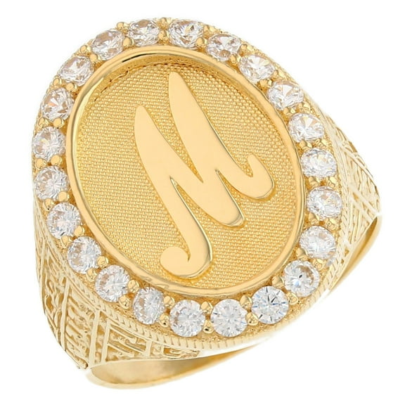 JackAni 10k Yellow Gold Mens Oval Halo White CZ Initial Letter M Ring