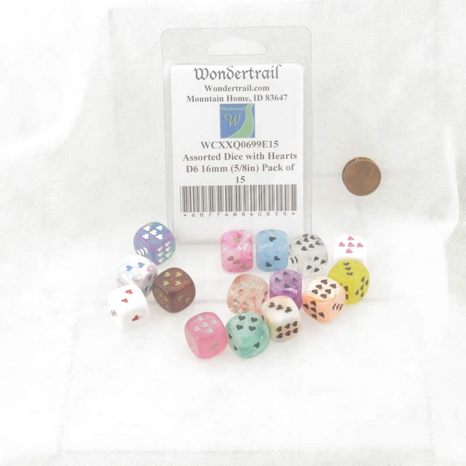 Assorted Dice with Hearts D6 16mm (5/8in) Pack of 15 Wondertrail