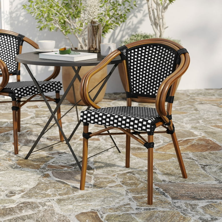 Merrick Lane Stacking Thonet French Bistro Style Chair with Arms Black White PE Rattan Seat and Bamboo Finished Metal Frame for Indoor Outdoor Use