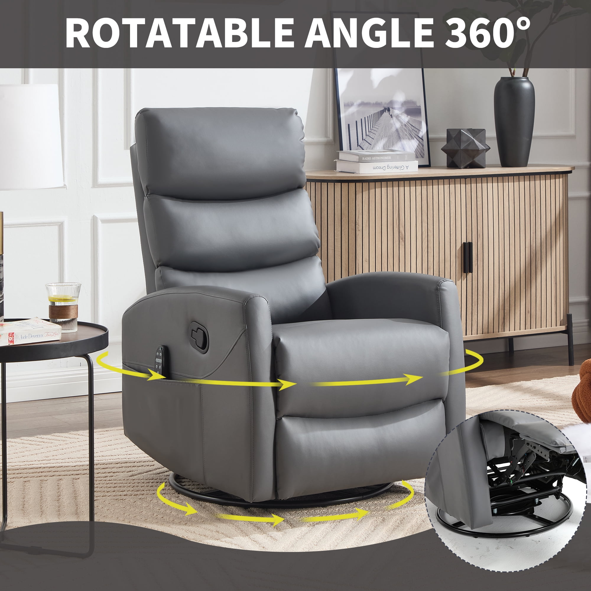 Aukfa 360° Swivel Recliner Rocking Chair with Massage and Heat for Living Room & Nursery, Leather, Gray