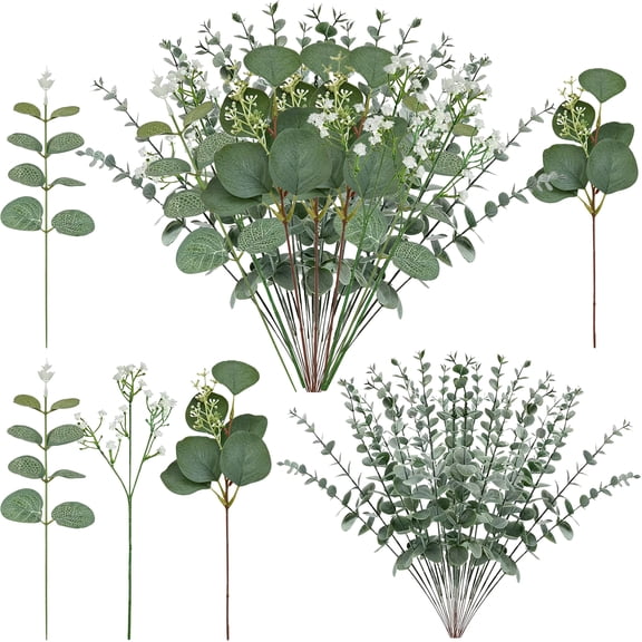 120 Pcs Artificial Eucalyptu Stems, Green Single Eucalyptu, 40 Eucalyptus with Fruit, 30 Round Leaf Eucalyptus, and 20 Faux Babysbreath Flowers for Wedding Bouquets, Bridal Decoration, Home Decor