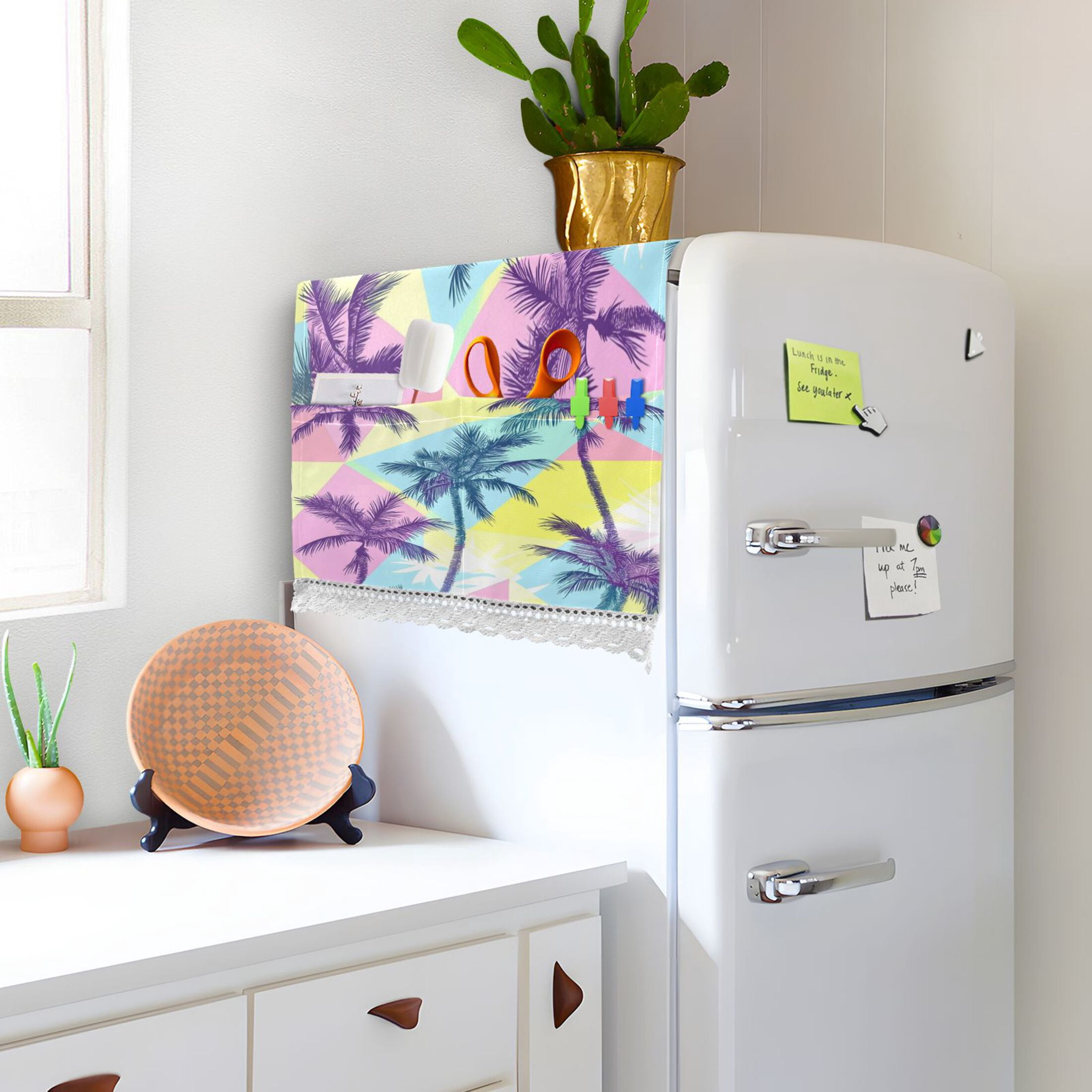 Washing Machine Cover 51.2x22in, Durable Polyester Dust Cover with Lace Trim and Side Pocket for Appliances Palm Tree Silhouettes